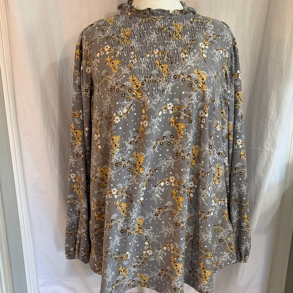 LuLaRoe Floral Gray and Yellow Women's Long Sleeve Smocked Top XL